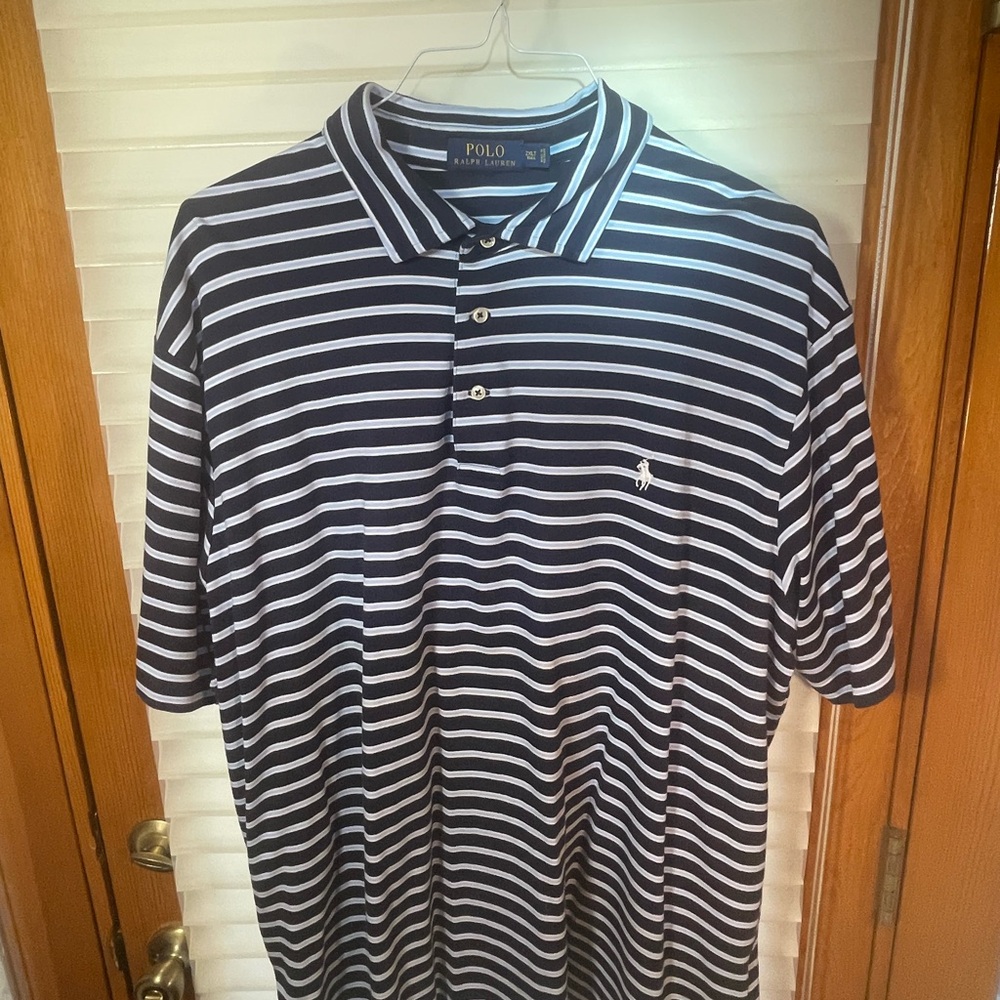 Polo by Ralph Lauren. 2 XLT dark blue with light blue and white stripe.